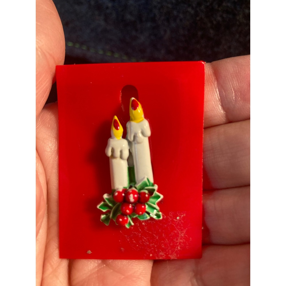 Vintage Christmas Candle Pin Brooch Red Holly Berries Metal Holiday Jewelry